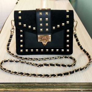 Most Wanted Faux Suede and Leather Gold Studded Crossbody Purse w/22" Chain